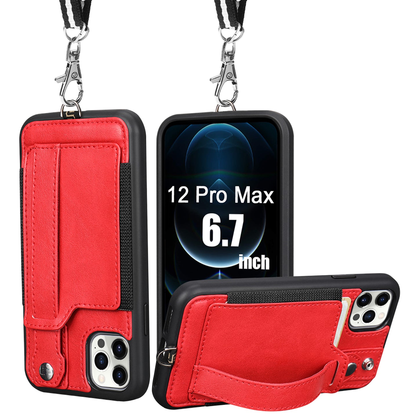 TOOVREN iPhone 12 Pro Max Case Wallet, iPhone 12 Pro Max Lanyard Case with Leather Card Holder Kickstand Neck Strap Adjustable Necklace Protective Cases Cover for Apple iPhone 12 Pro Max