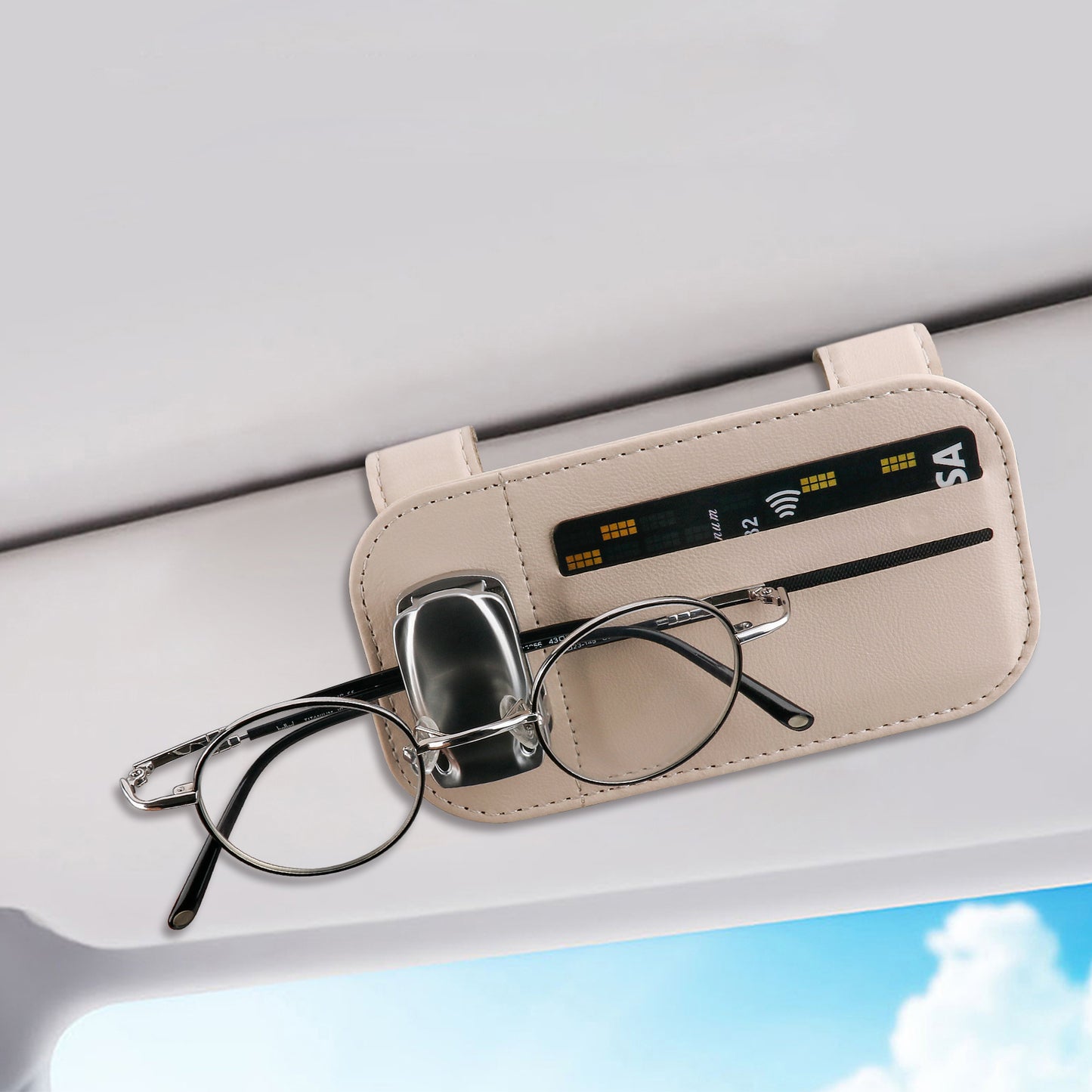 TOOVREN Sunglass Holder for Car, Sunglasses Clip with 2 Card Slots, Universal Eyeglass Hanger Clip for Car Visor, PU Leather Car Interior Visor Accessories Suitable for Different Size Eyeglasses