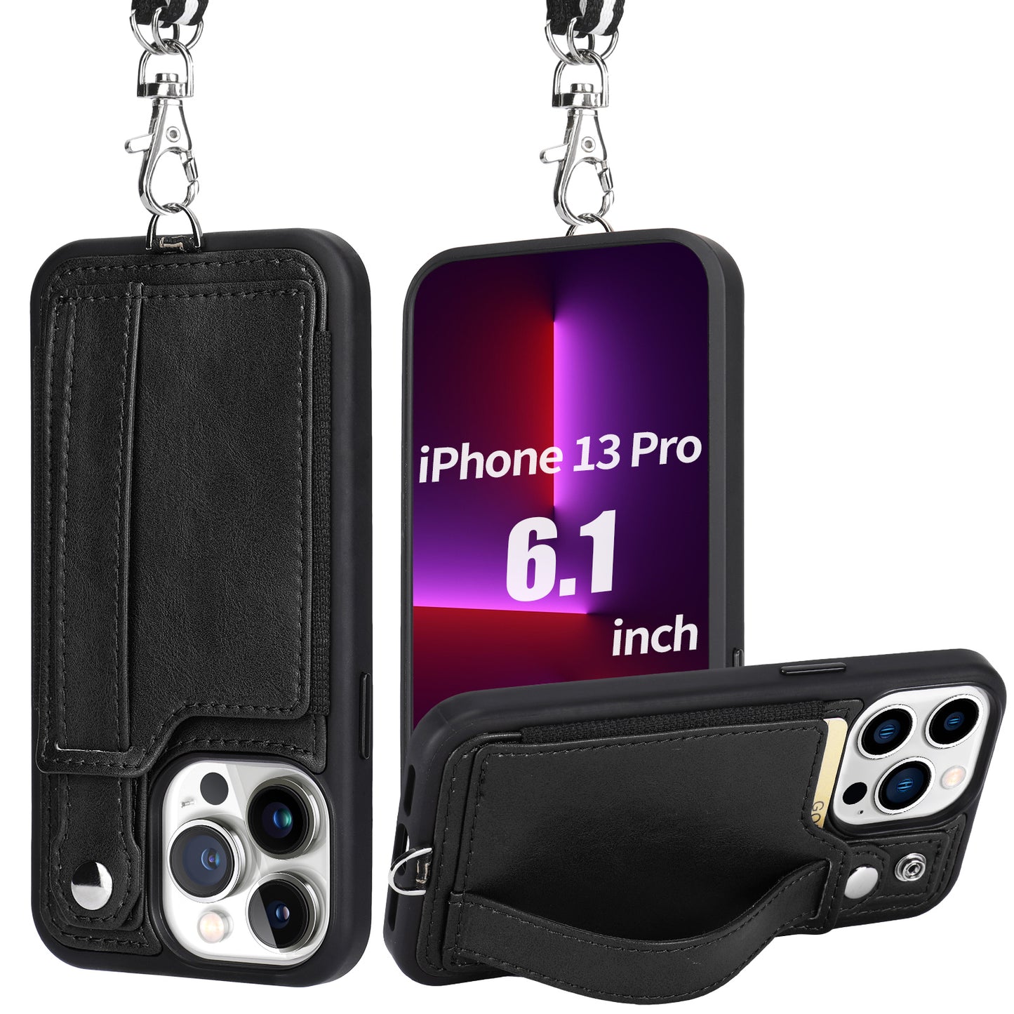 TOOVREN iPhone 13 Pro Max Case Wallet, Compatible with iPhone 13 Pro Max Case with Card Holder Kickstand Adjustable Detachable Necklace, iPhone Lanyard for iPhone 13 Pro Max 2021