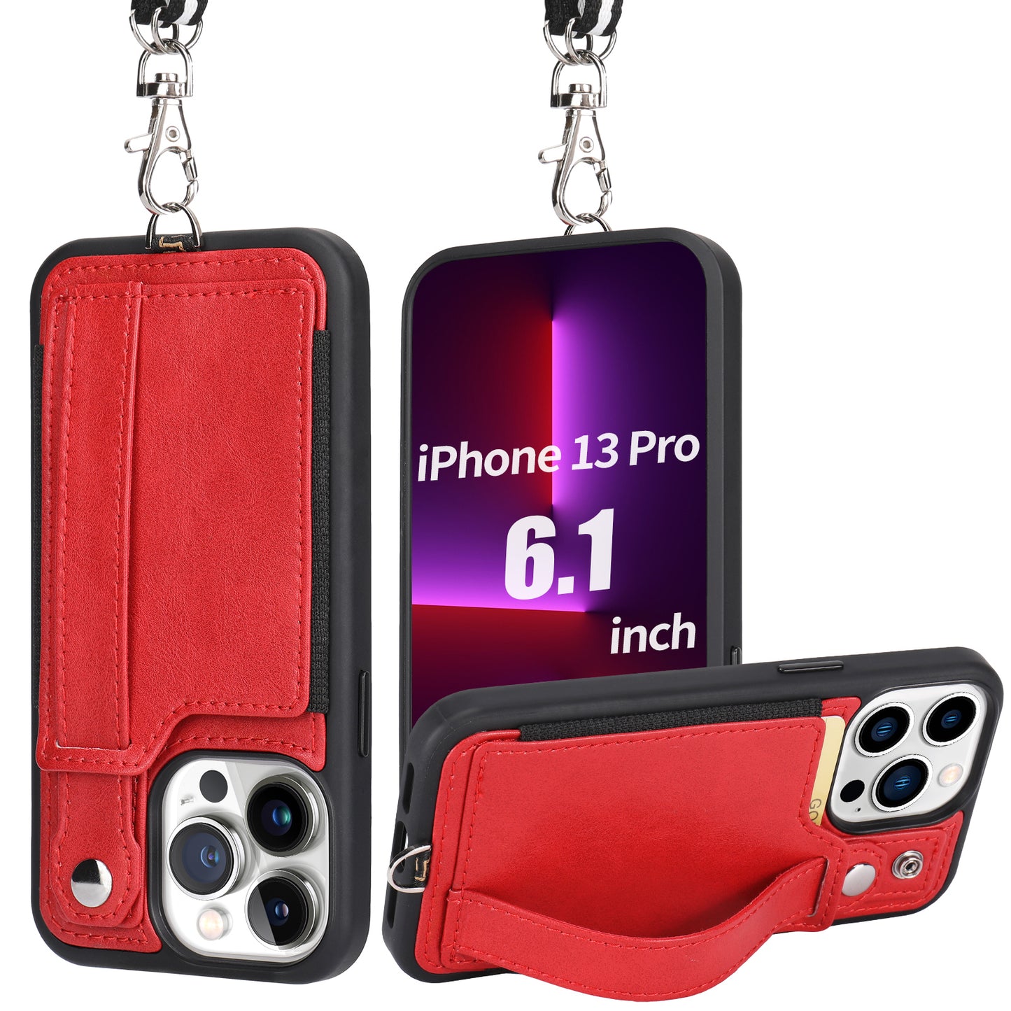 TOOVREN iPhone 13 Pro Max Case Wallet, Compatible with iPhone 13 Pro Max Case with Card Holder Kickstand Adjustable Detachable Necklace, iPhone Lanyard for iPhone 13 Pro Max 2021