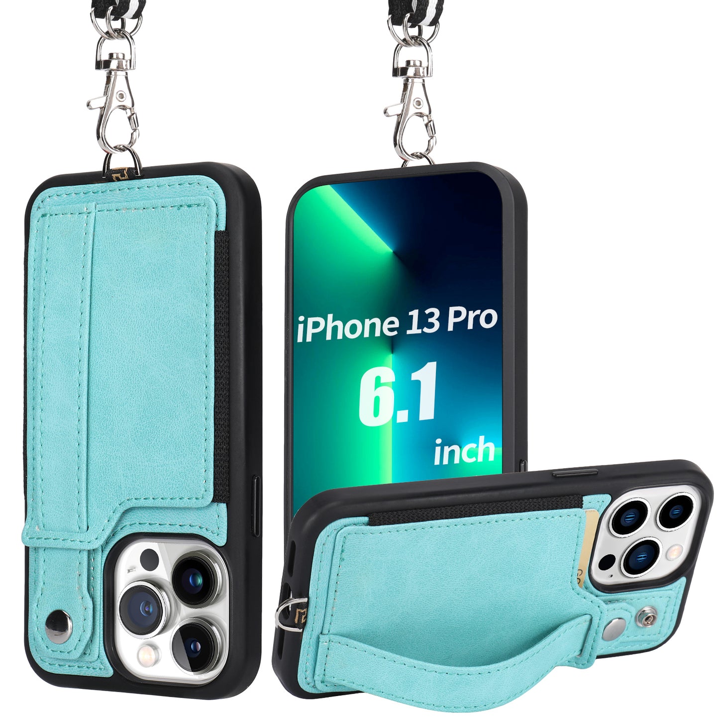 TOOVREN iPhone 13 Pro Max Case Wallet, Compatible with iPhone 13 Pro Max Case with Card Holder Kickstand Adjustable Detachable Necklace, iPhone Lanyard for iPhone 13 Pro Max 2021