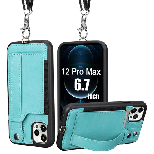 TOOVREN iPhone 12 Pro Max Case Wallet, iPhone 12 Pro Max Lanyard Case with Leather Card Holder Kickstand Neck Strap Adjustable Necklace Protective Cases Cover for Apple iPhone 12 Pro Max