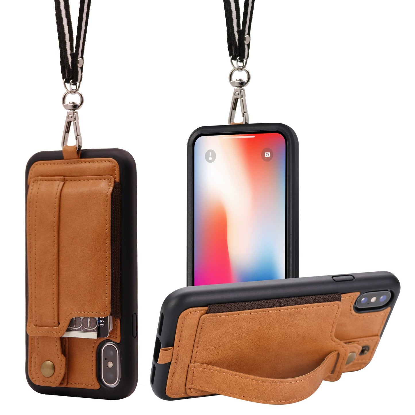 TOOVREN iPhone X Case Wallet, iPhone Xs/10 Lanyard Neck Strap Protective Case Cover with Card Holder Adjustable Detachable Kickstand PU Leather iPhone Lanyard for Anti-Theft