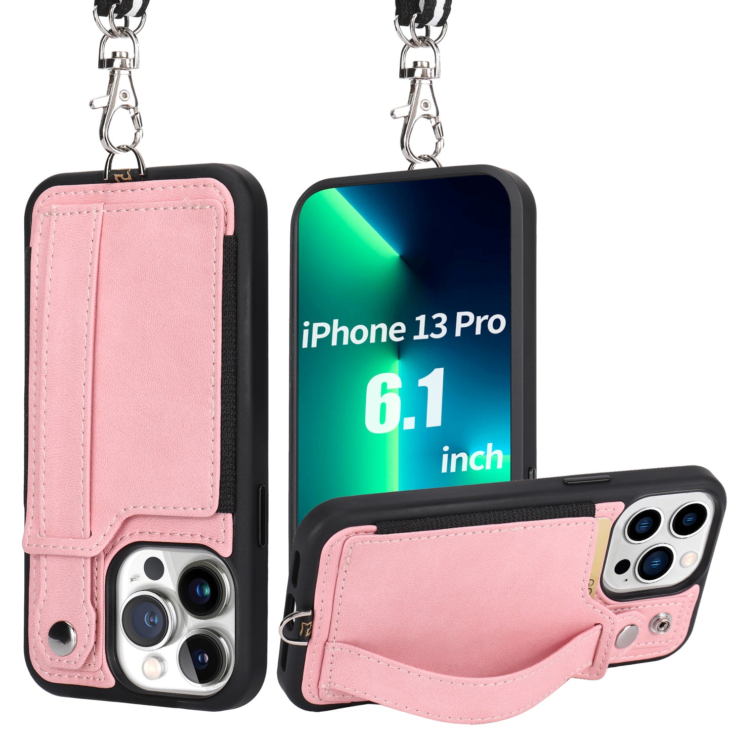 TOOVREN iPhone 13 Pro Max Case Wallet, Compatible with iPhone 13 Pro Max Case with Card Holder Kickstand Adjustable Detachable Necklace, iPhone Lanyard for iPhone 13 Pro Max 2021