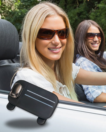TOOVREN Sunglass Holder for Car, Sunglasses Clip with 2 Card Slots, Universal Eyeglass Hanger Clip for Car Visor, PU Leather Car Interior Visor Accessories Suitable for Different Size Eyeglasses