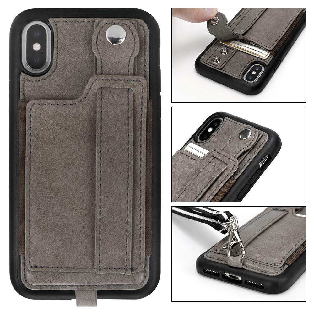 TOOVREN iPhone X Case Wallet, iPhone Xs/10 Lanyard Neck Strap Protective Case Cover with Card Holder Adjustable Detachable Kickstand PU Leather iPhone Lanyard for Anti-Theft