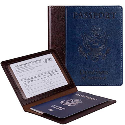 TOOVREN 2 Pack Passport and Vaccine Card Holder Combo Leather Passport Holder with Vaccine Card Slot Passport Cover, Slim Travel Accessories Passport Wallet Travel Wallet Passport Holder Women & Men
