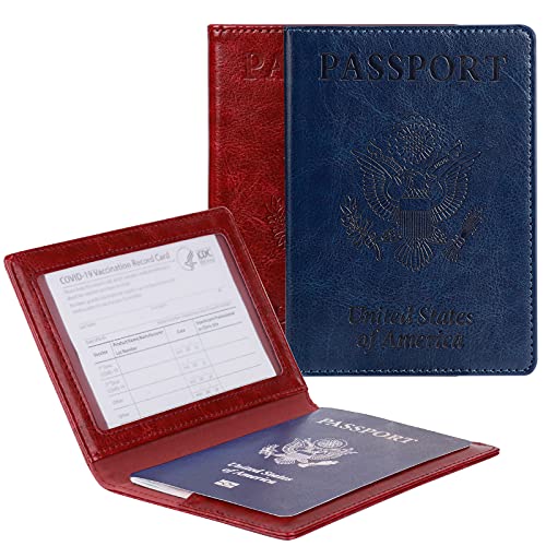 TOOVREN 2 Pack Passport and Vaccine Card Holder Combo Leather Passport Holder with Vaccine Card Slot Passport Cover, Slim Travel Accessories Passport Wallet Travel Wallet Passport Holder Women & Men