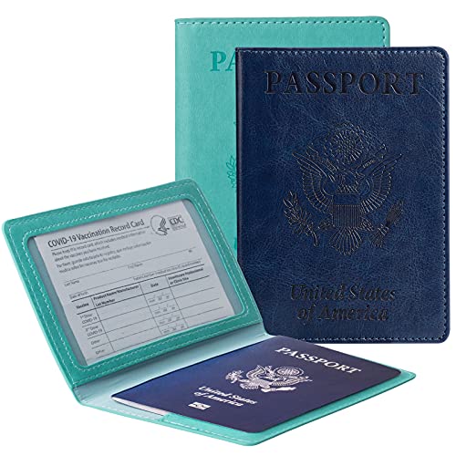 TOOVREN 2 Pack Passport and Vaccine Card Holder Combo Leather Passport Holder with Vaccine Card Slot Passport Cover, Slim Travel Accessories Passport Wallet Travel Wallet Passport Holder Women & Men