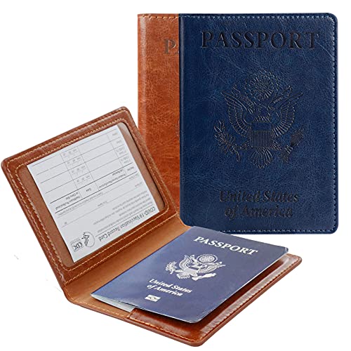 TOOVREN 2 Pack Passport and Vaccine Card Holder Combo Leather Passport Holder with Vaccine Card Slot Passport Cover, Slim Travel Accessories Passport Wallet Travel Wallet Passport Holder Women & Men