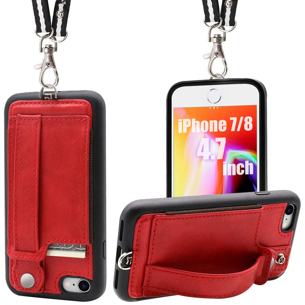 TOOVREN iPhone X Case Wallet, iPhone Xs/10 Lanyard Neck Strap Protective Case Cover with Card Holder Adjustable Detachable Kickstand PU Leather iPhone Lanyard for Anti-Theft