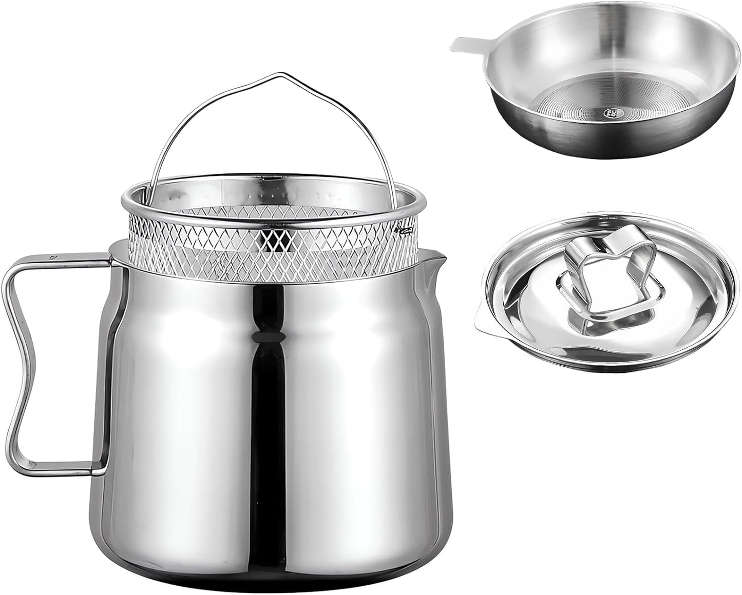 TOOVREN Stainless Steel Oil Filter Pot, 304 Stainless Steel Large Capacity Versatile Oil Filter Vessel, Heavy Duty Stainless Steel Bacon Grease Container, Multi-Functional Oil Filter Tank (2L)