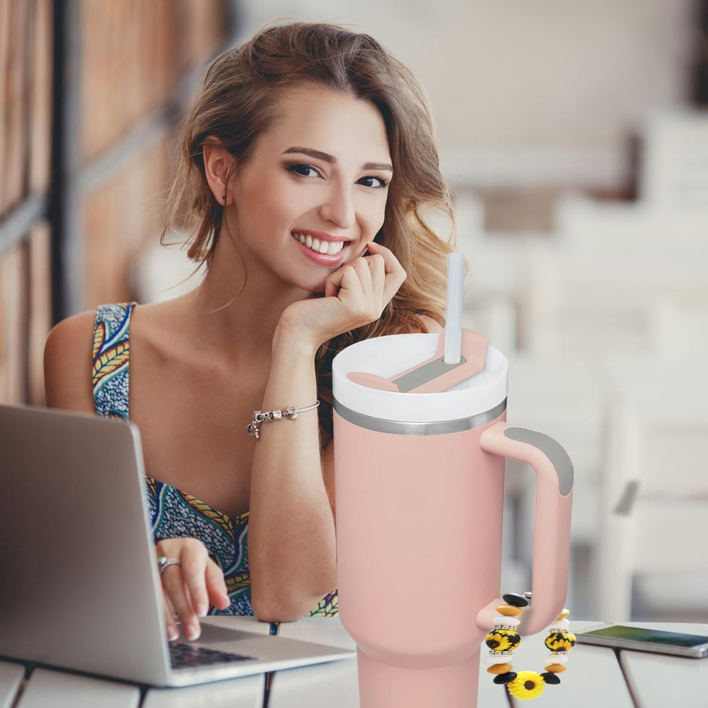 Tumbler Charms for Stanley Cups with Handle, Cup Charms for Stanley Accessories, Personalized Cup Shape and Beads Bracelet Charm for Simple Modern, Keychain Jewelry Accessories for Water Bottle