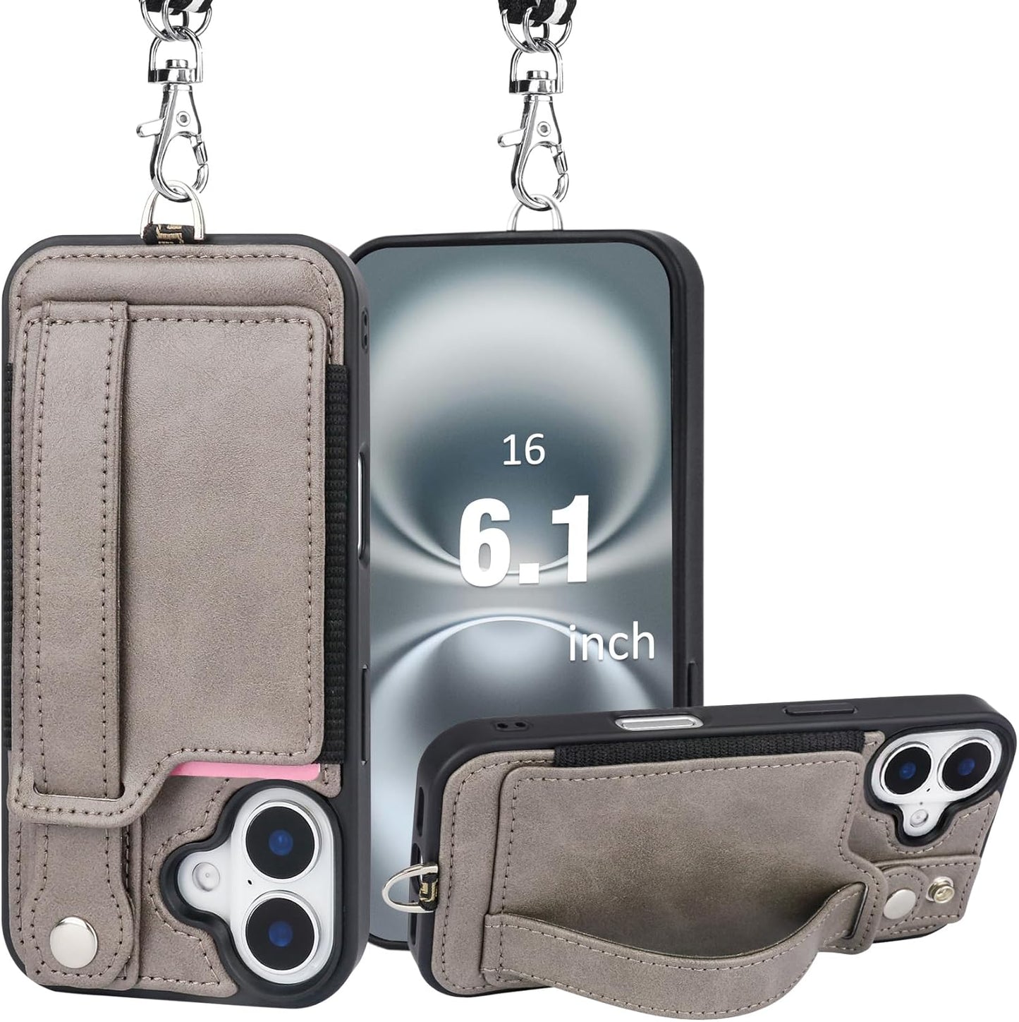 TOOVREN Phone Case for iPhone 16 Pro Max Wallet Case with Card Holder Stand Strap Lanyard