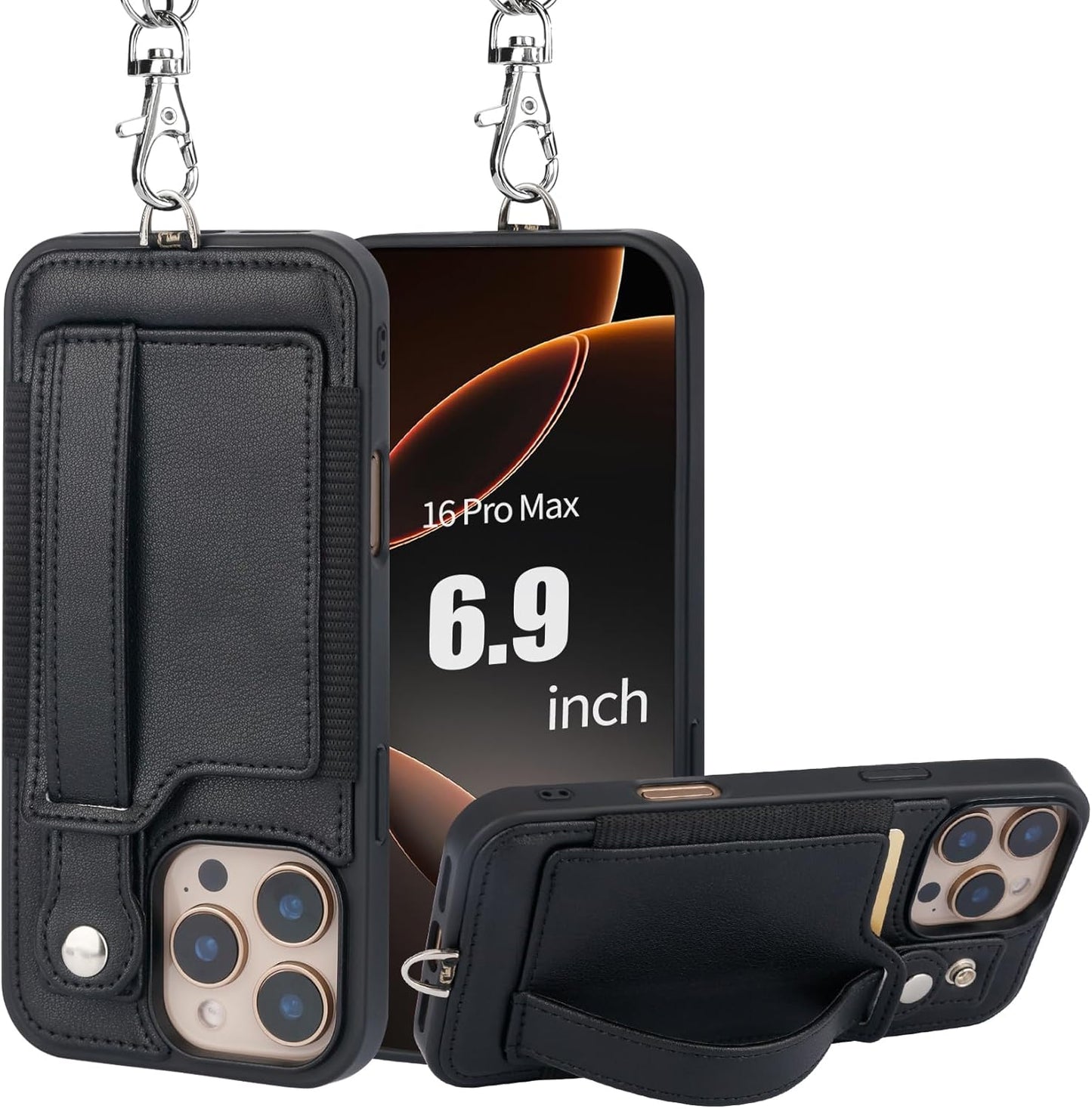 TOOVREN Phone Case for iPhone 16 Pro Max Wallet Case with Card Holder Stand Strap Lanyard
