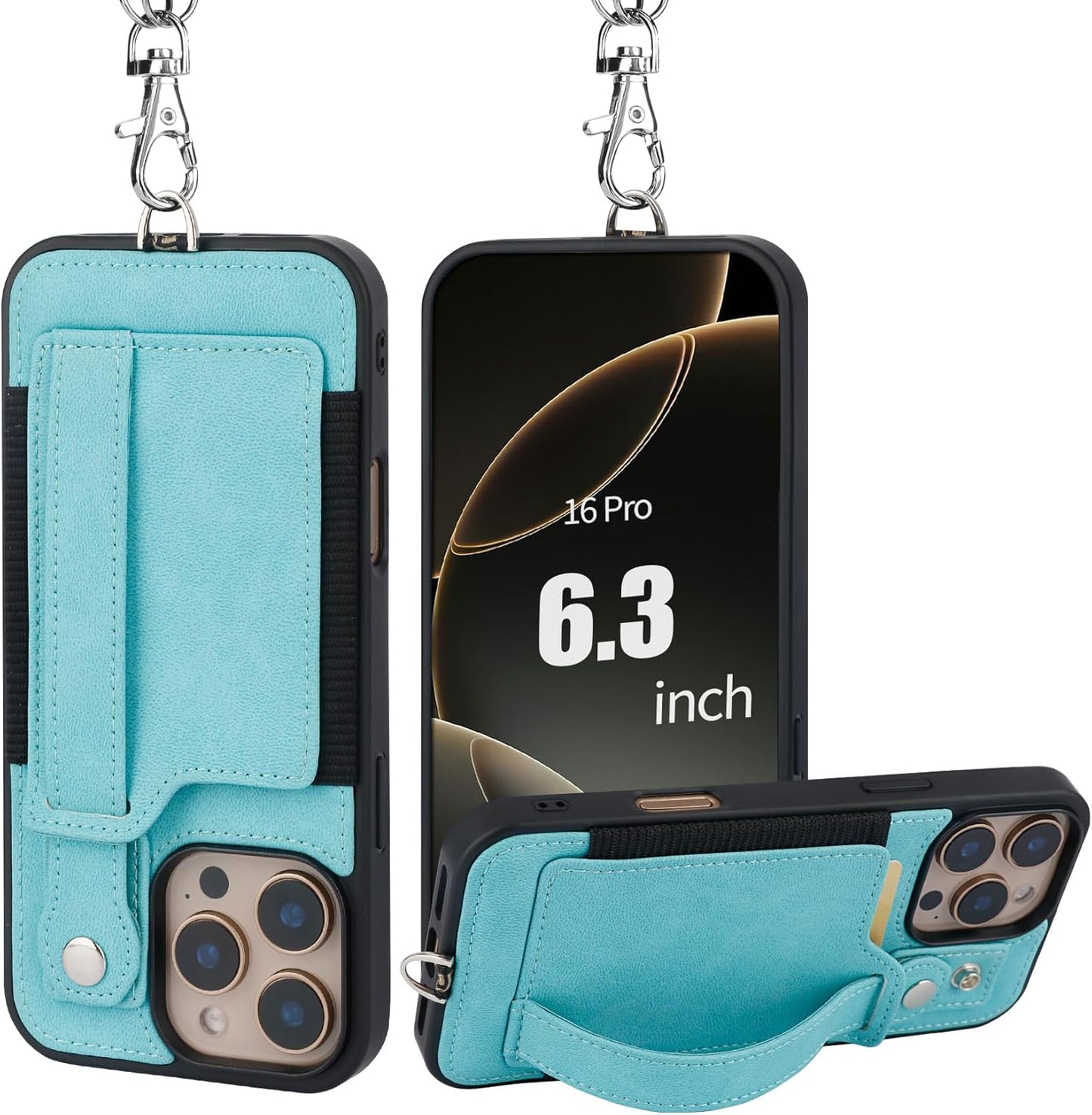 TOOVREN Phone Case for iPhone 16 Pro Max Wallet Case with Card Holder Stand Strap Lanyard