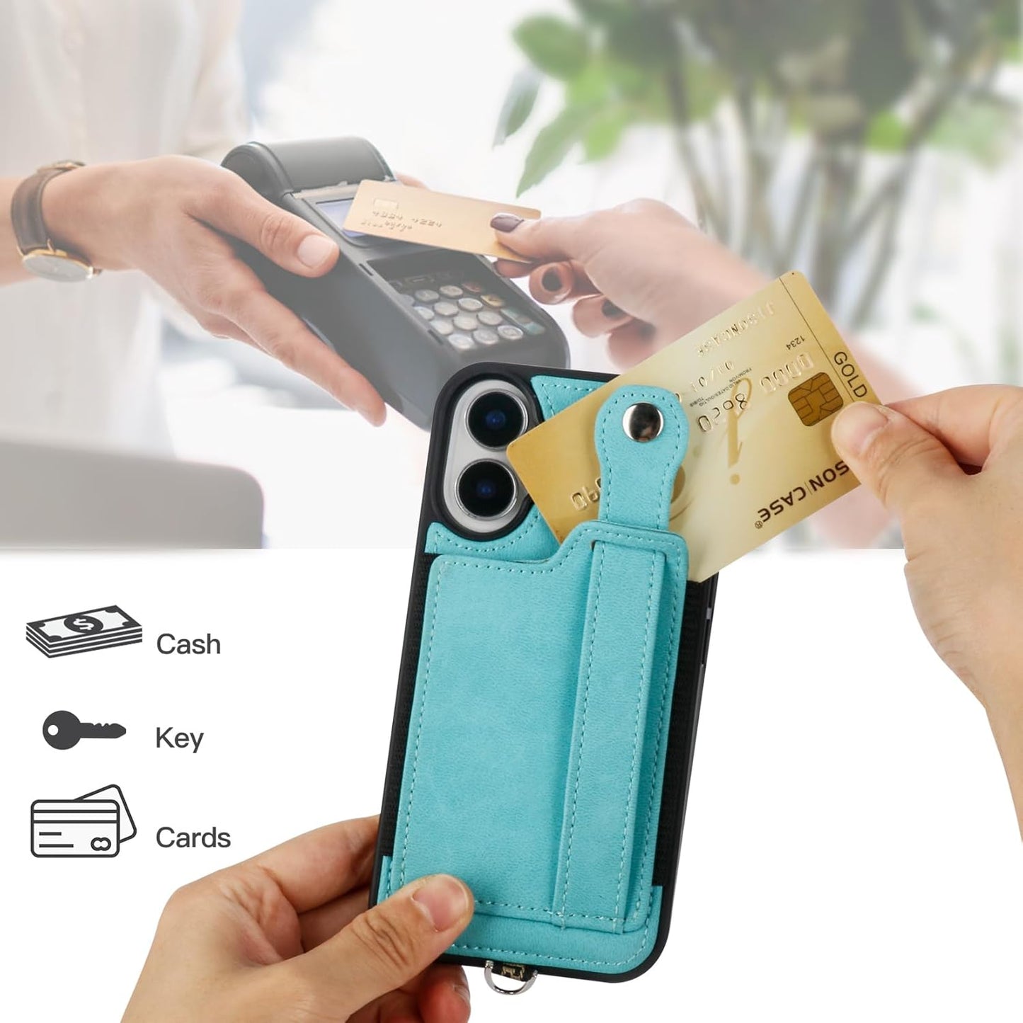TOOVREN Phone Case for iPhone 16 Pro Max Wallet Case with Card Holder Stand Strap Lanyard