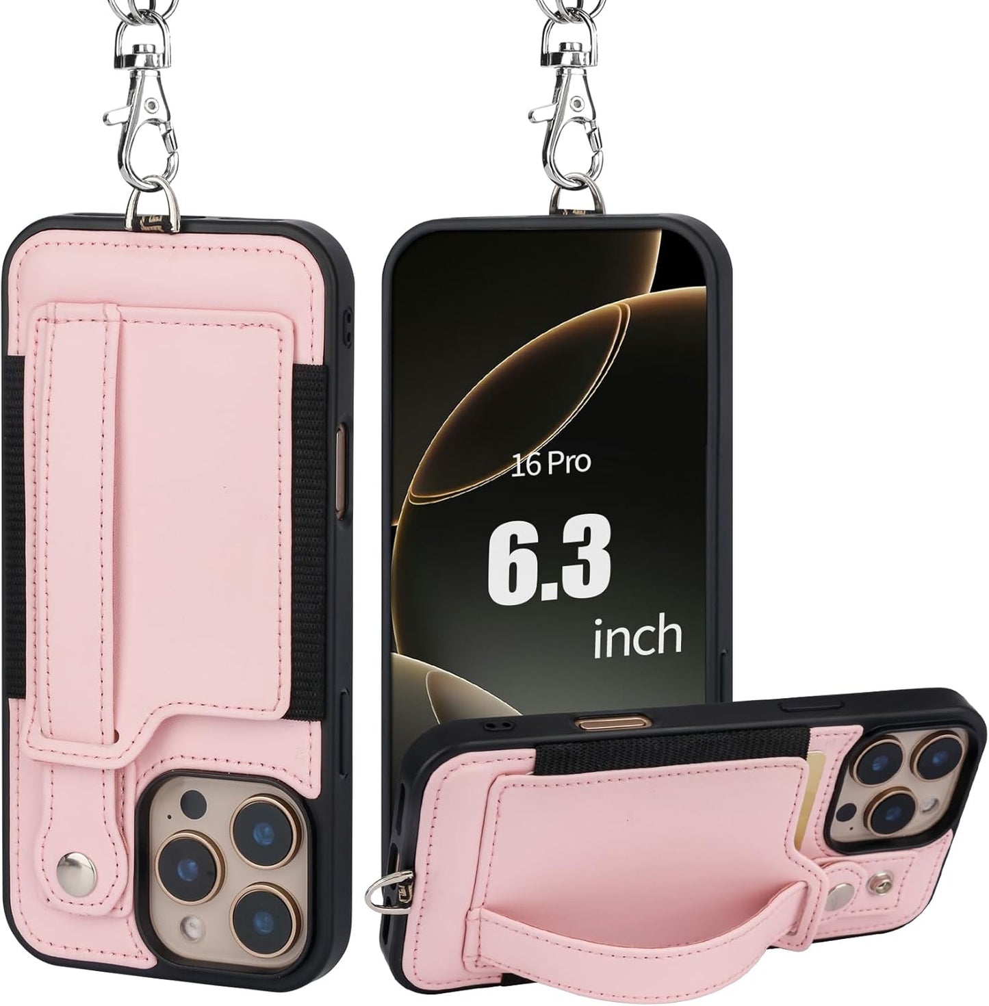 TOOVREN Phone Case for iPhone 16 Pro Max Wallet Case with Card Holder Stand Strap Lanyard