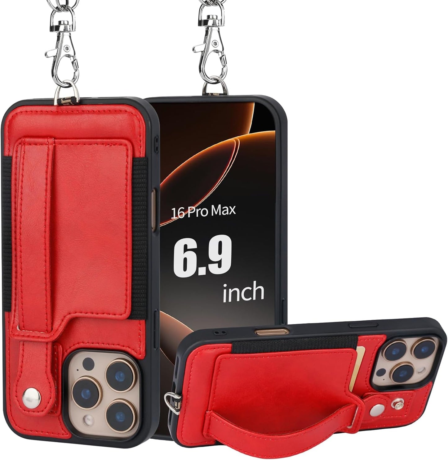 TOOVREN Phone Case for iPhone 16 Pro Max Wallet Case with Card Holder Stand Strap Lanyard