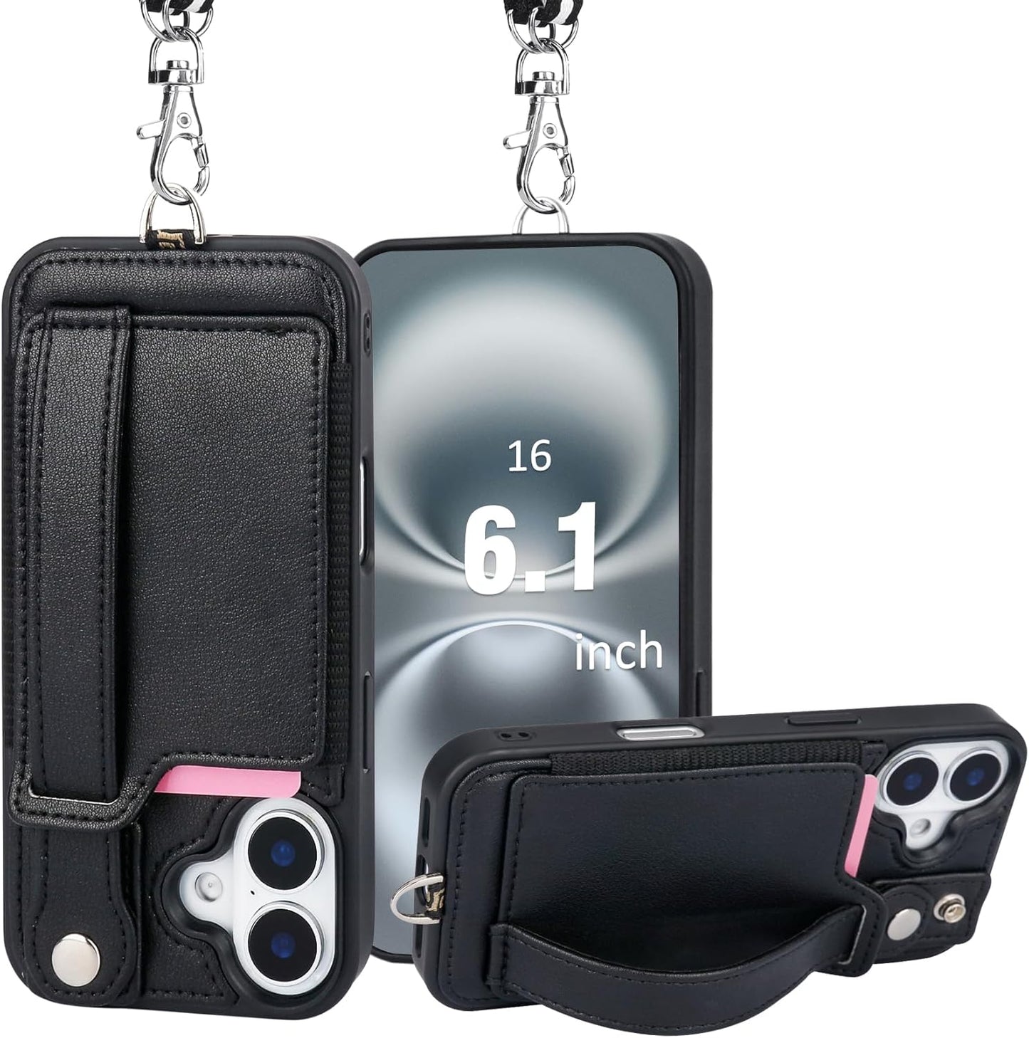 TOOVREN Phone Case for iPhone 16 Pro Max Wallet Case with Card Holder Stand Strap Lanyard