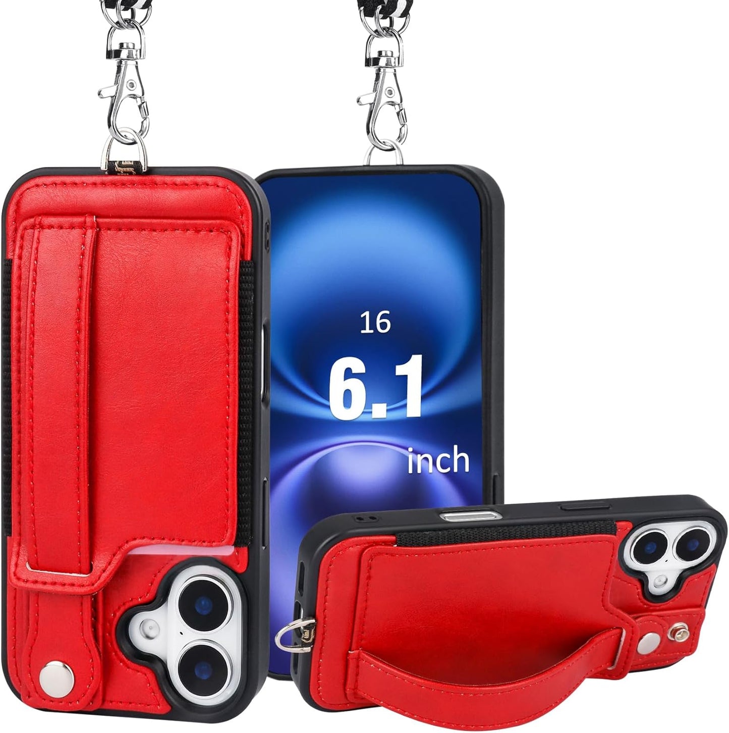 TOOVREN Phone Case for iPhone 16 Pro Max Wallet Case with Card Holder Stand Strap Lanyard