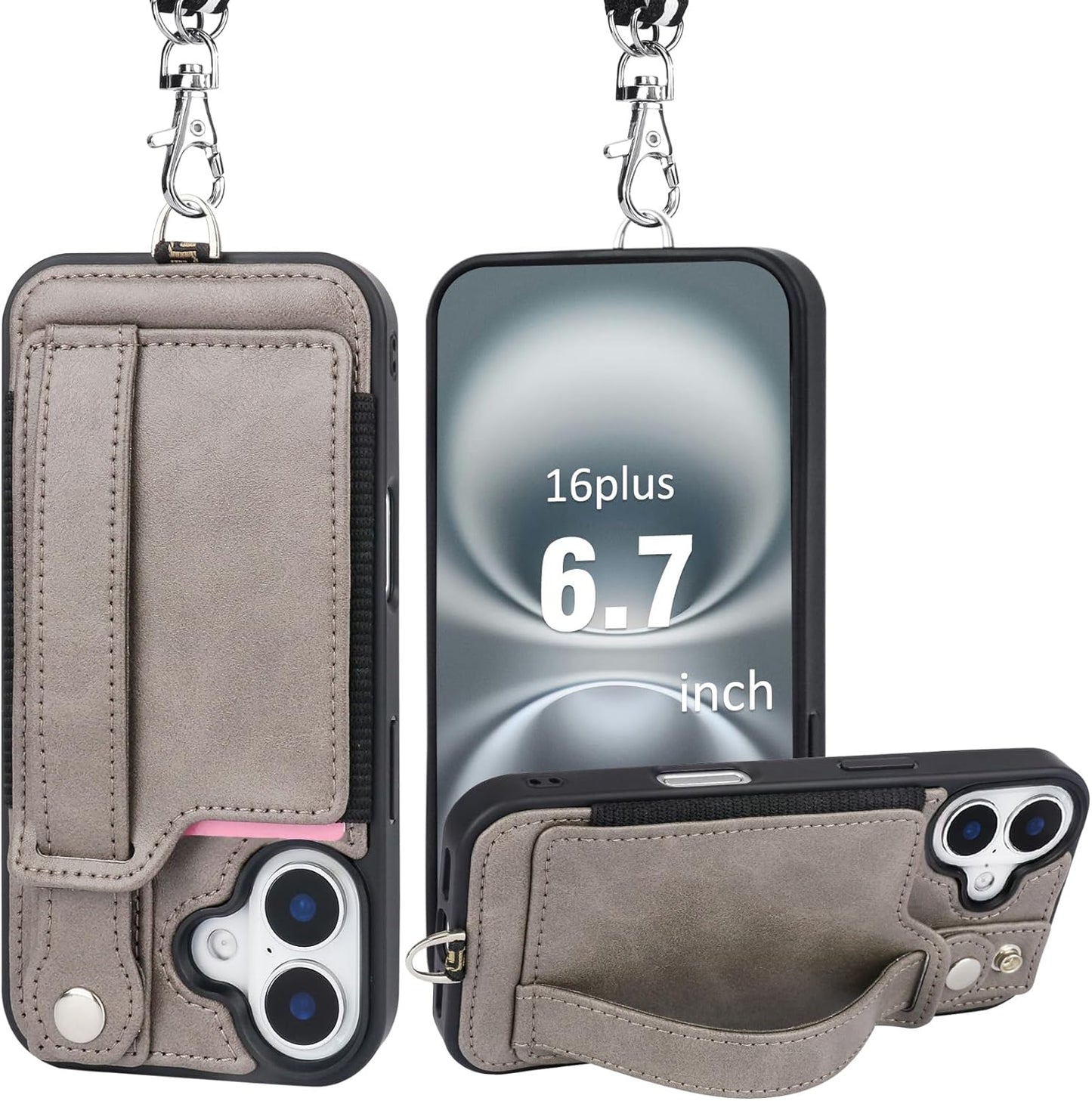 TOOVREN Phone Case for iPhone 16 Pro Max Wallet Case with Card Holder Stand Strap Lanyard