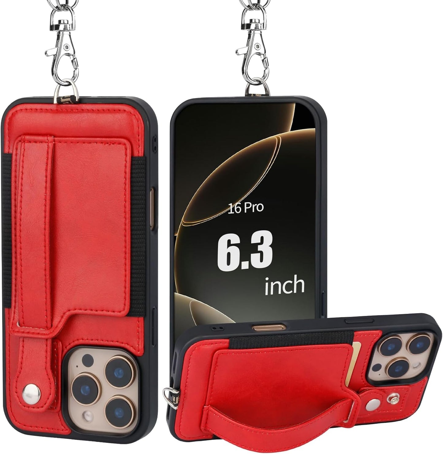 TOOVREN Phone Case for iPhone 16 Pro Max Wallet Case with Card Holder Stand Strap Lanyard