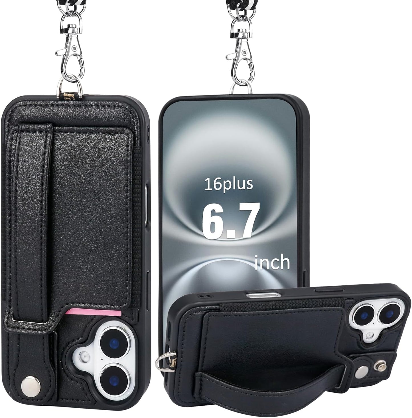 TOOVREN Phone Case for iPhone 16 Pro Max Wallet Case with Card Holder Stand Strap Lanyard
