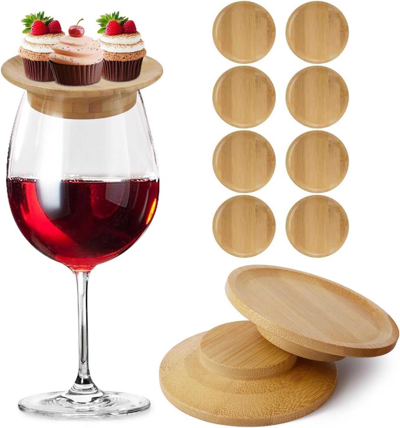 6/8/10 Pack Wine Glass Charcuterie Topper,Bamboo Wine Glass Topper Charcuterie Plate Board Coasters Wine Glass Covers to Keep Bugs out Drink Lid Accessories for Party Bars Gatherings, Housewarming Gifts