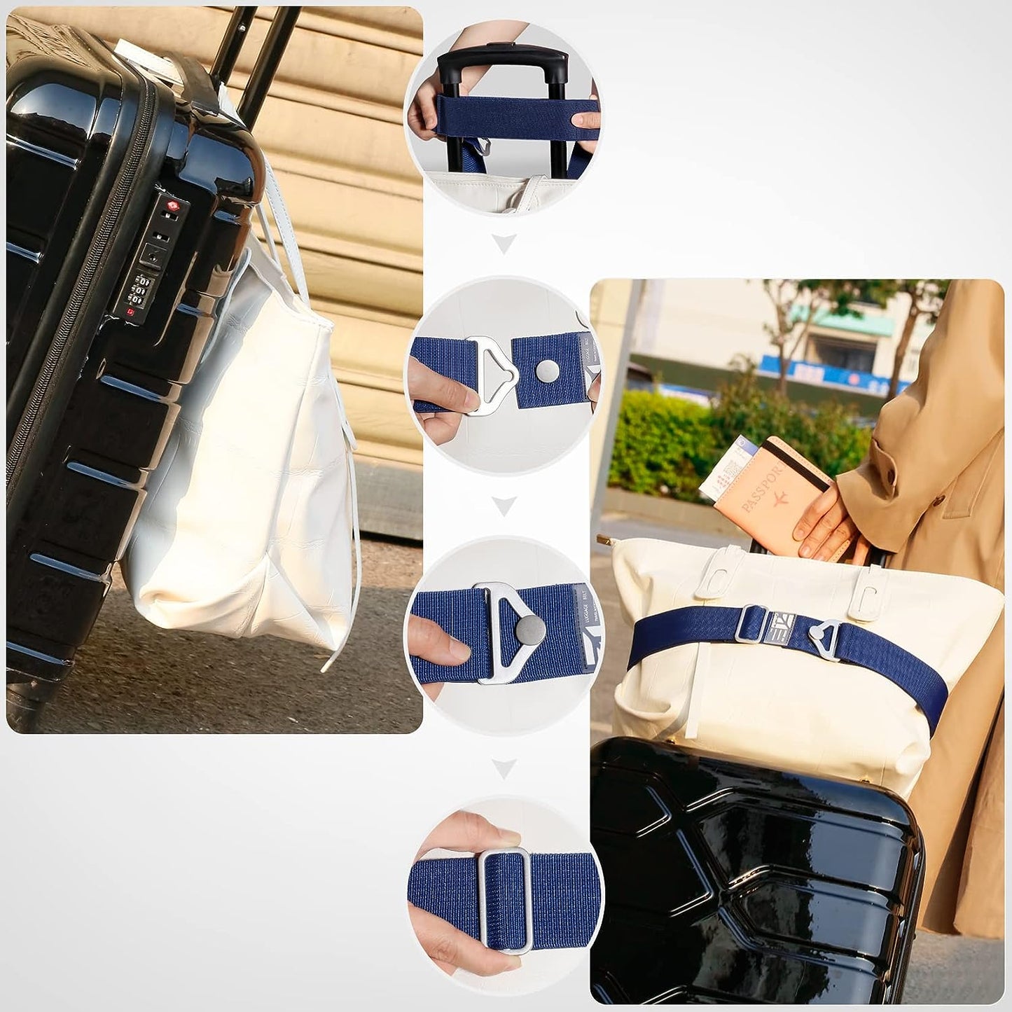TOOVREN 2-in-1 Travel Belt for Luggage Straps Add a Bag Bungees Luggage Strap Over Handle Suitcases Belt for Carry On Bag Elastic Belt Adjustable Suitcase Strap Airport Travel Accessories Blue