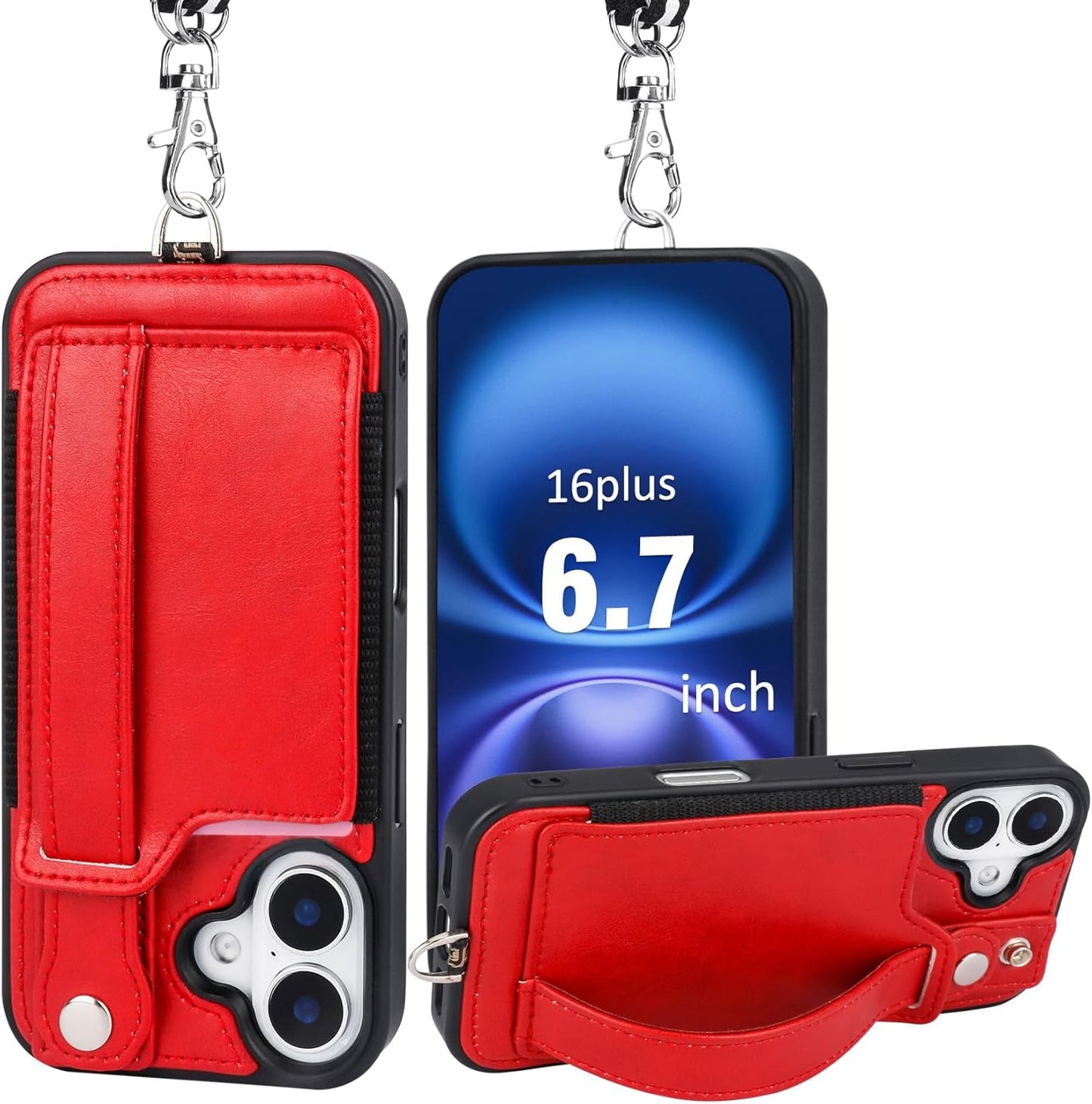 TOOVREN Phone Case for iPhone 16 Pro Max Wallet Case with Card Holder Stand Strap Lanyard