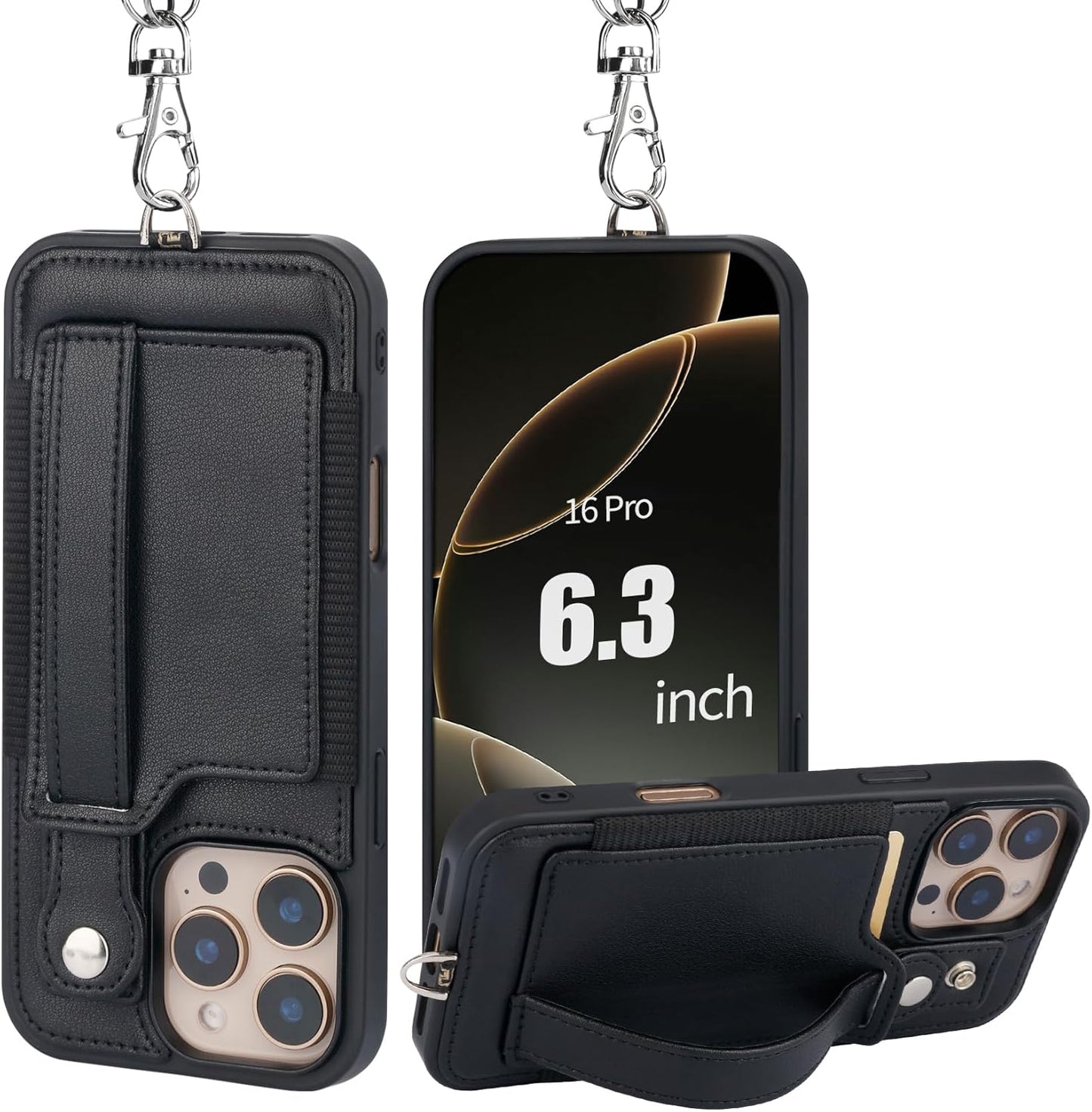 TOOVREN Phone Case for iPhone 16 Pro Max Wallet Case with Card Holder Stand Strap Lanyard