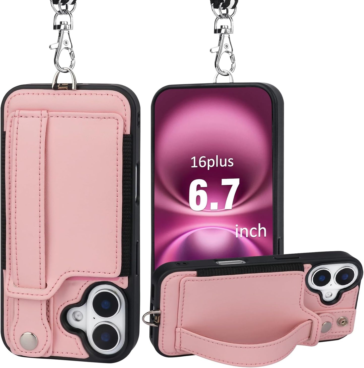 TOOVREN Phone Case for iPhone 16 Pro Max Wallet Case with Card Holder Stand Strap Lanyard