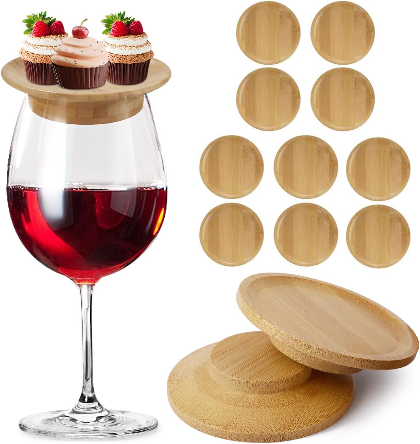 6/8/10 Pack Wine Glass Charcuterie Topper,Bamboo Wine Glass Topper Charcuterie Plate Board Coasters Wine Glass Covers to Keep Bugs out Drink Lid Accessories for Party Bars Gatherings, Housewarming Gifts