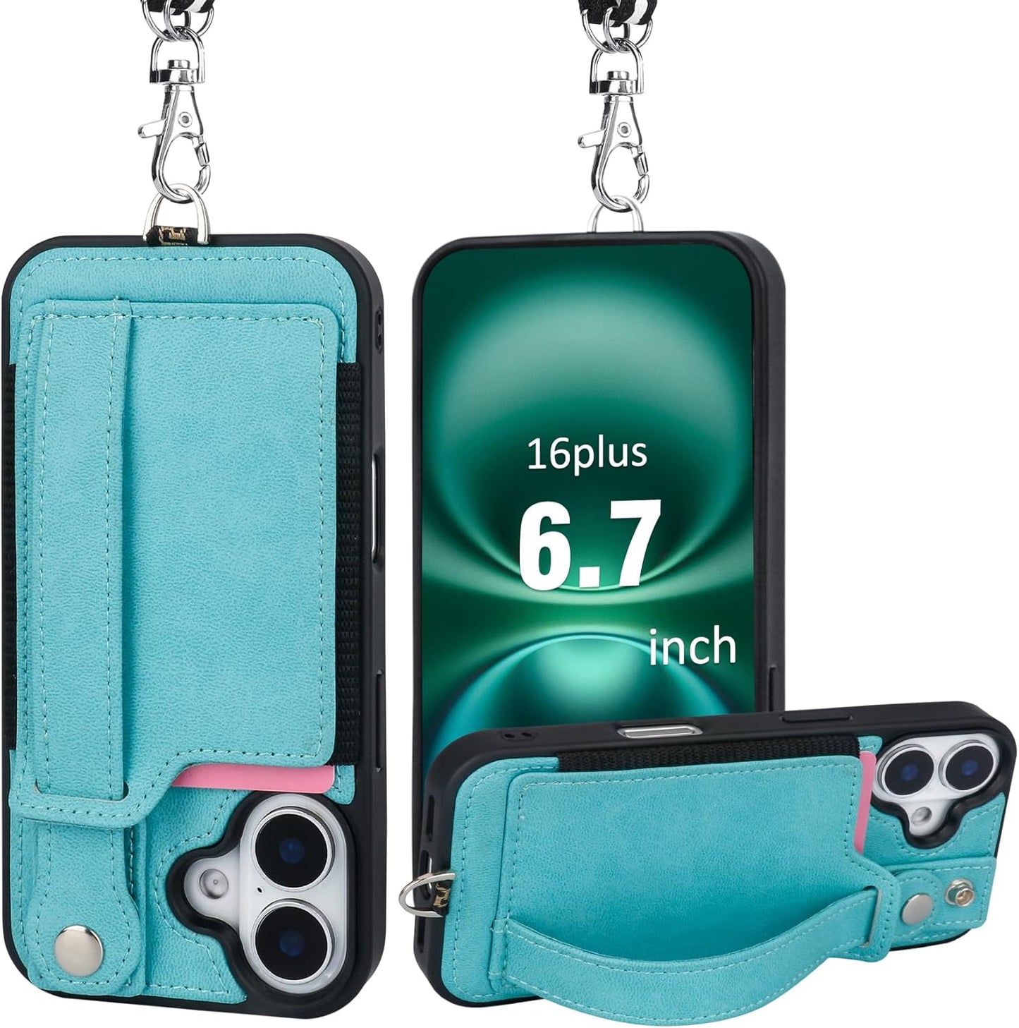 TOOVREN Phone Case for iPhone 16 Pro Max Wallet Case with Card Holder Stand Strap Lanyard