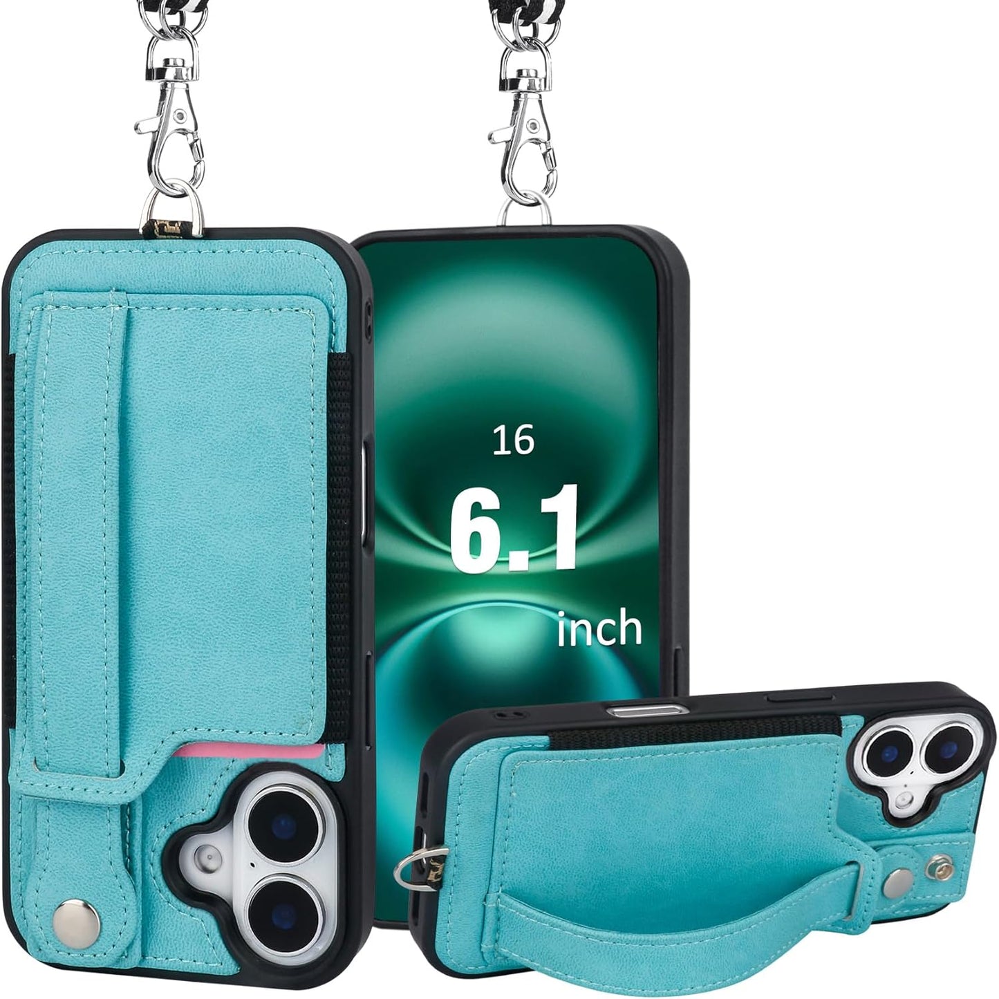TOOVREN Phone Case for iPhone 16 Pro Max Wallet Case with Card Holder Stand Strap Lanyard