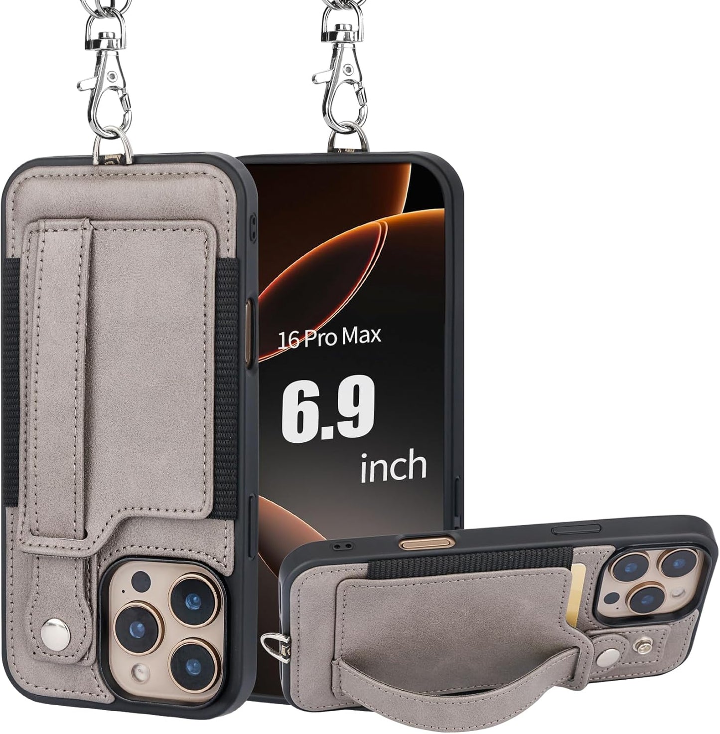 TOOVREN Phone Case for iPhone 16 Pro Max Wallet Case with Card Holder Stand Strap Lanyard