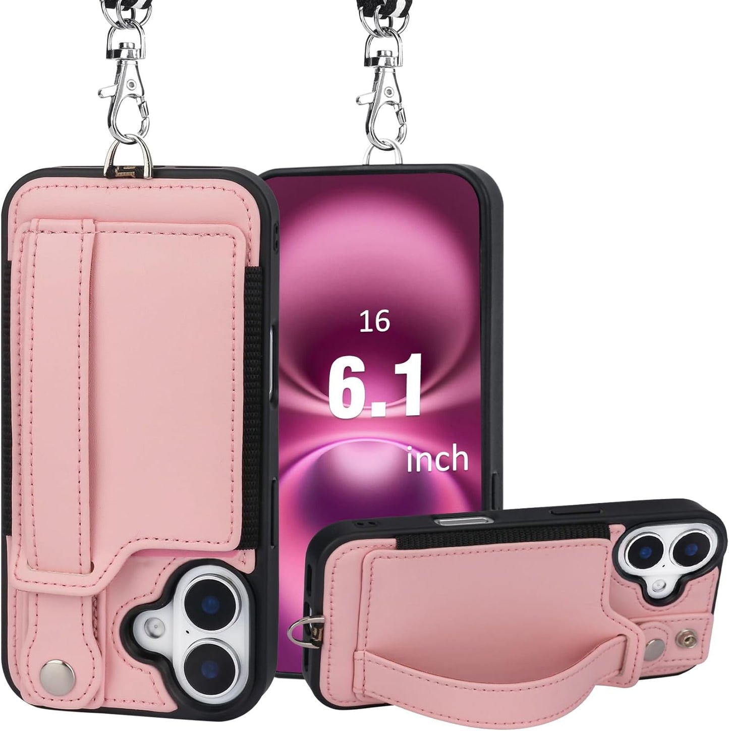 TOOVREN Phone Case for iPhone 16 Pro Max Wallet Case with Card Holder Stand Strap Lanyard