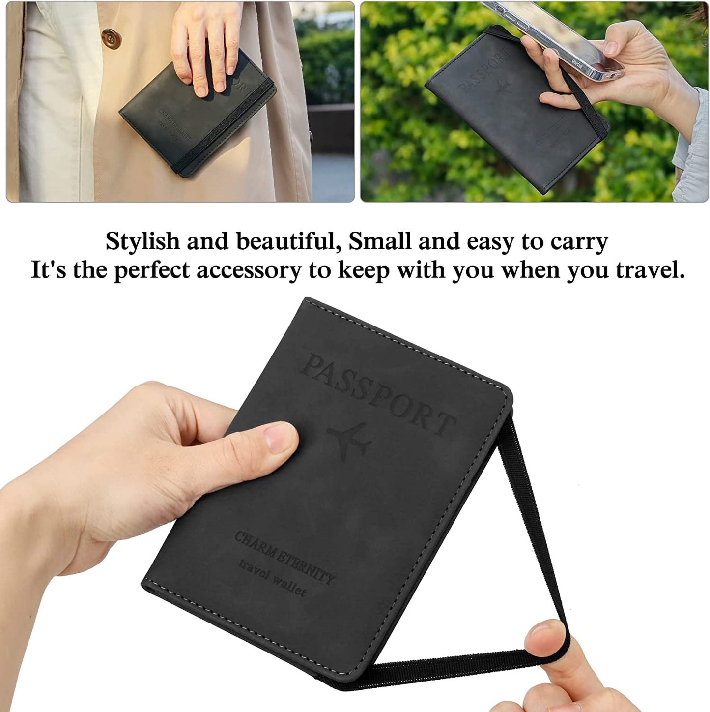 Passport Holder Travel Essentials, Passport Wallet RFID Blocking for Men Women, Multifunction Travel Document Holder, PU Leather Card Case Cover with Elastic Band Closure