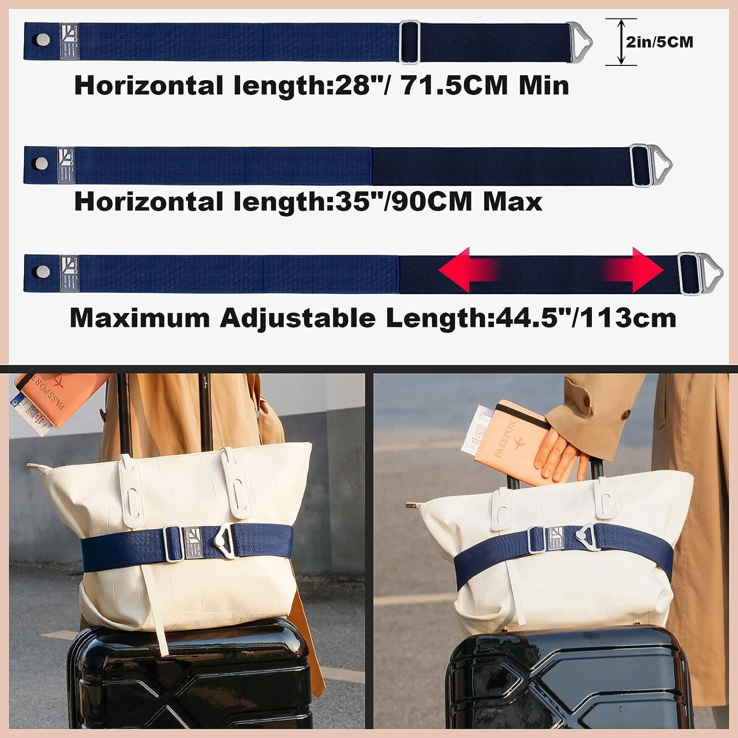 TOOVREN 2-in-1 Travel Belt for Luggage Straps Add a Bag Bungees Luggage Strap Over Handle Suitcases Belt for Carry On Bag Elastic Belt Adjustable Suitcase Strap Airport Travel Accessories Blue