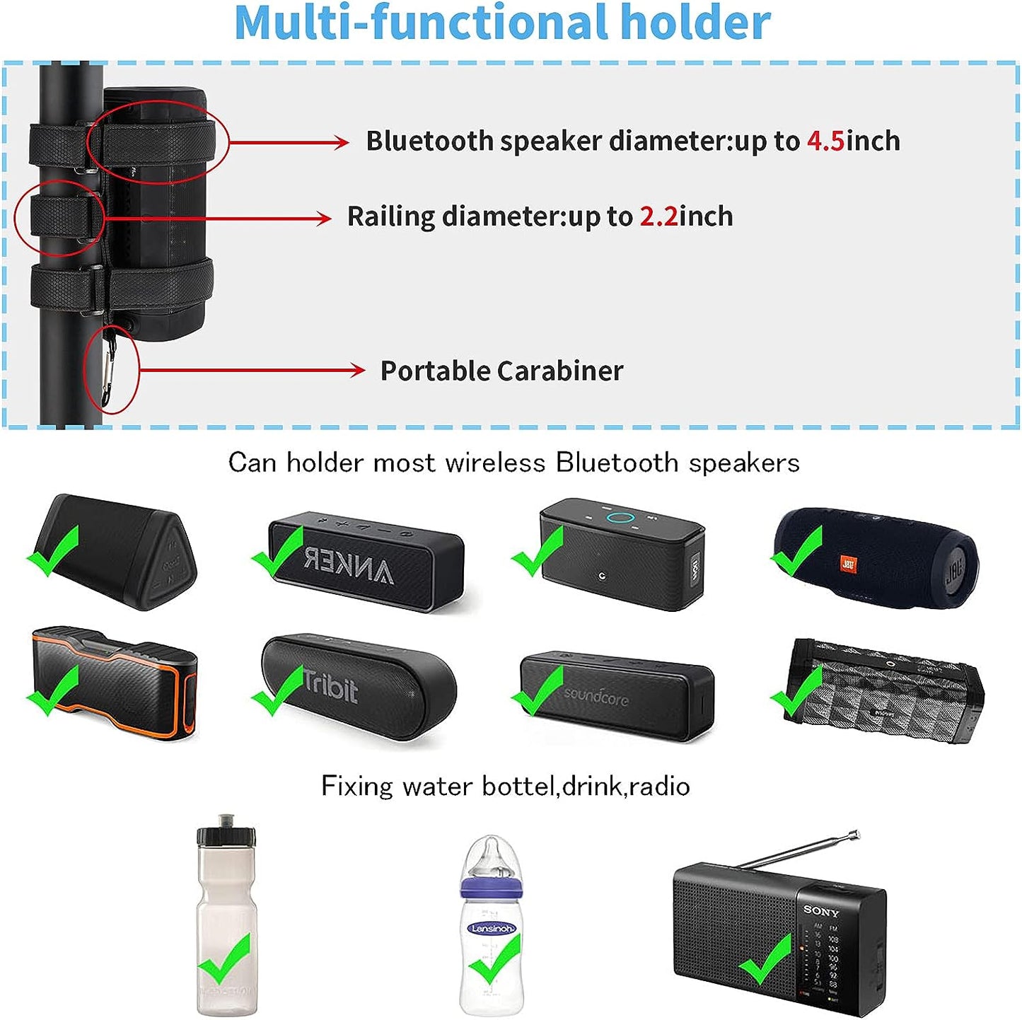 TOOVREN Golf Cart Accessories, Speaker Mount for Golf Cart Bike, Universal Bike Accessories Water Bottle Holder for Bike, Speaker/Bottle Holder Strap Compatible with Golf Cart, Bike, Bicycle, Boat,UTV