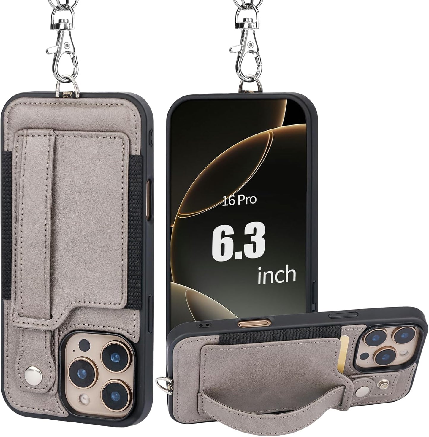 TOOVREN Phone Case for iPhone 16 Pro Max Wallet Case with Card Holder Stand Strap Lanyard