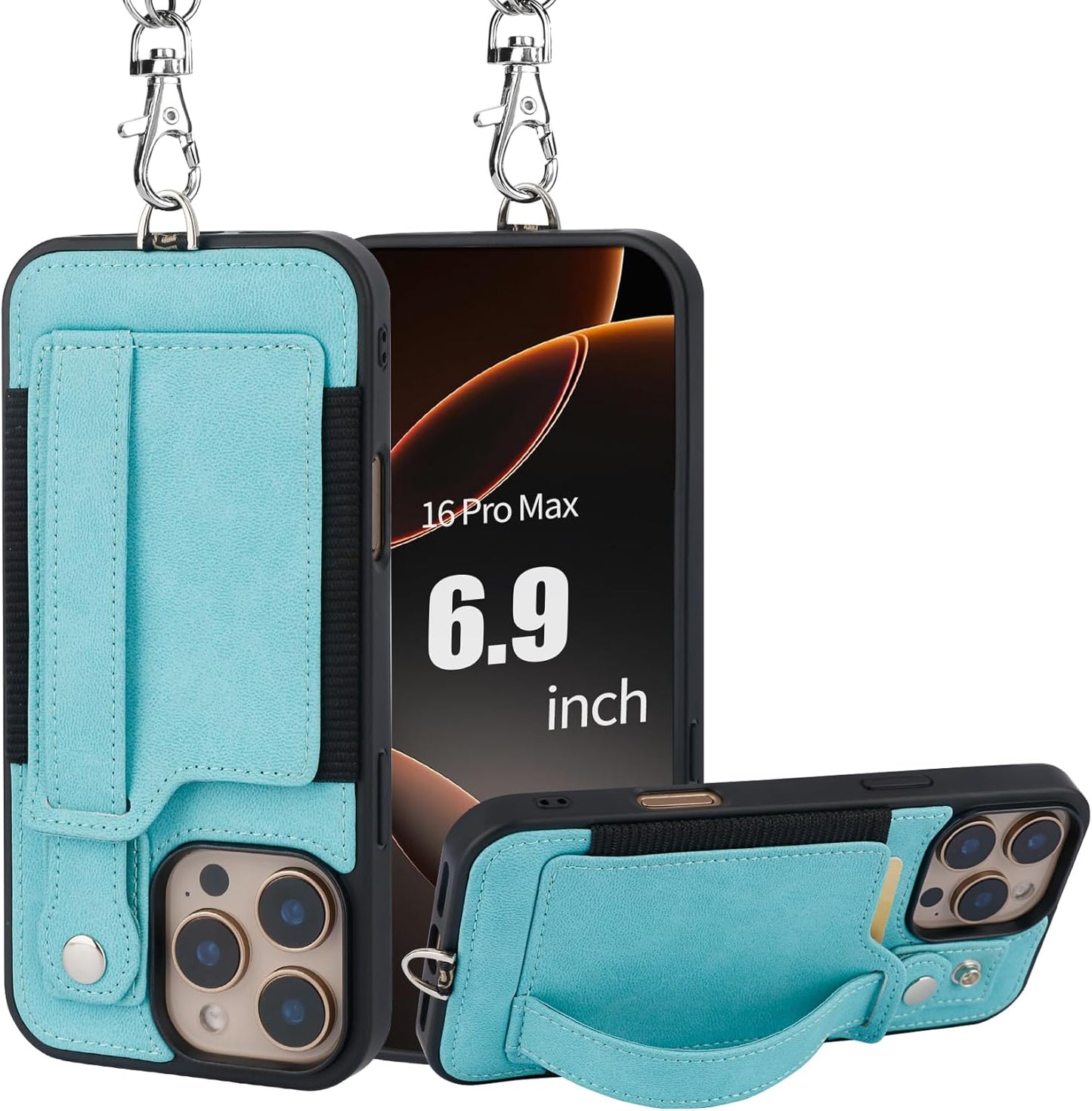 TOOVREN Phone Case for iPhone 16 Pro Max Wallet Case with Card Holder Stand Strap Lanyard