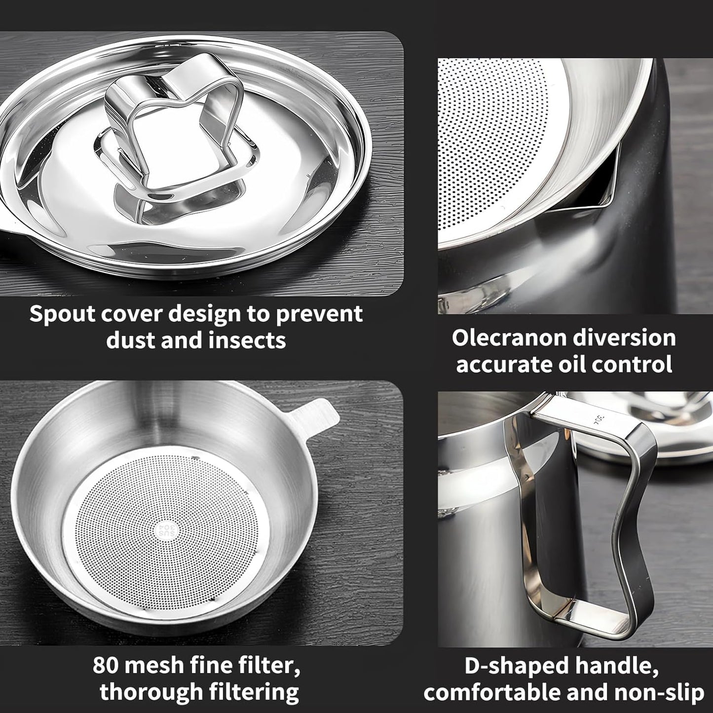 TOOVREN Stainless Steel Oil Filter Pot, 304 Stainless Steel Large Capacity Versatile Oil Filter Vessel, Heavy Duty Stainless Steel Bacon Grease Container, Multi-Functional Oil Filter Tank (2L)
