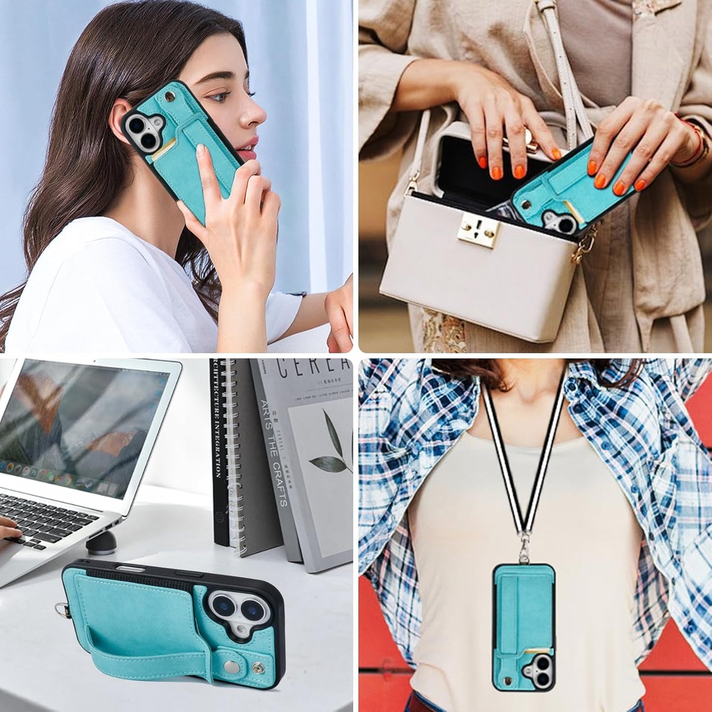 TOOVREN Phone Case for iPhone 16 Pro Max Wallet Case with Card Holder Stand Strap Lanyard