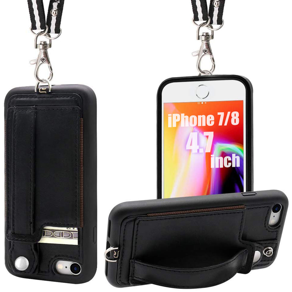 TOOVREN iPhone X Case Wallet, iPhone Xs/10 Lanyard Neck Strap Protective Case Cover with Card Holder Adjustable Detachable Kickstand PU Leather iPhone Lanyard for Anti-Theft