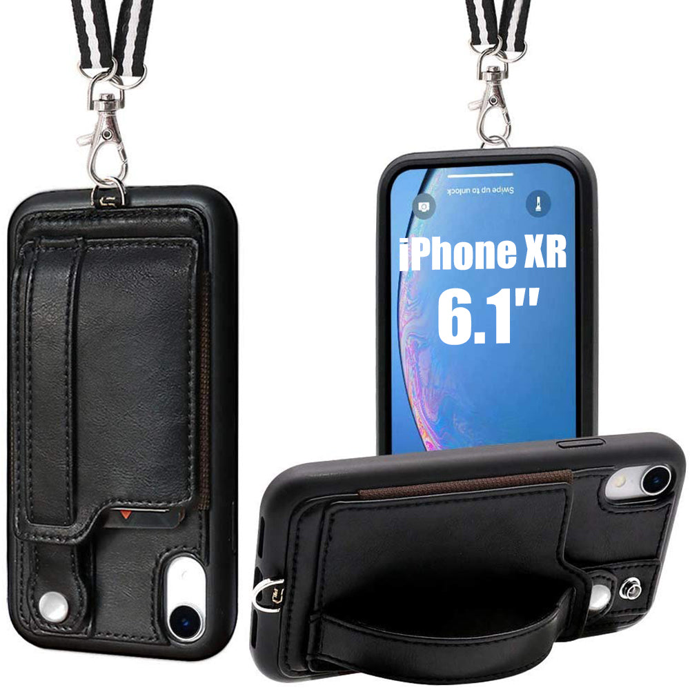 TOOVREN iPhone X Case Wallet, iPhone Xs/10 Lanyard Neck Strap Protective Case Cover with Card Holder Adjustable Detachable Kickstand PU Leather iPhone Lanyard for Anti-Theft