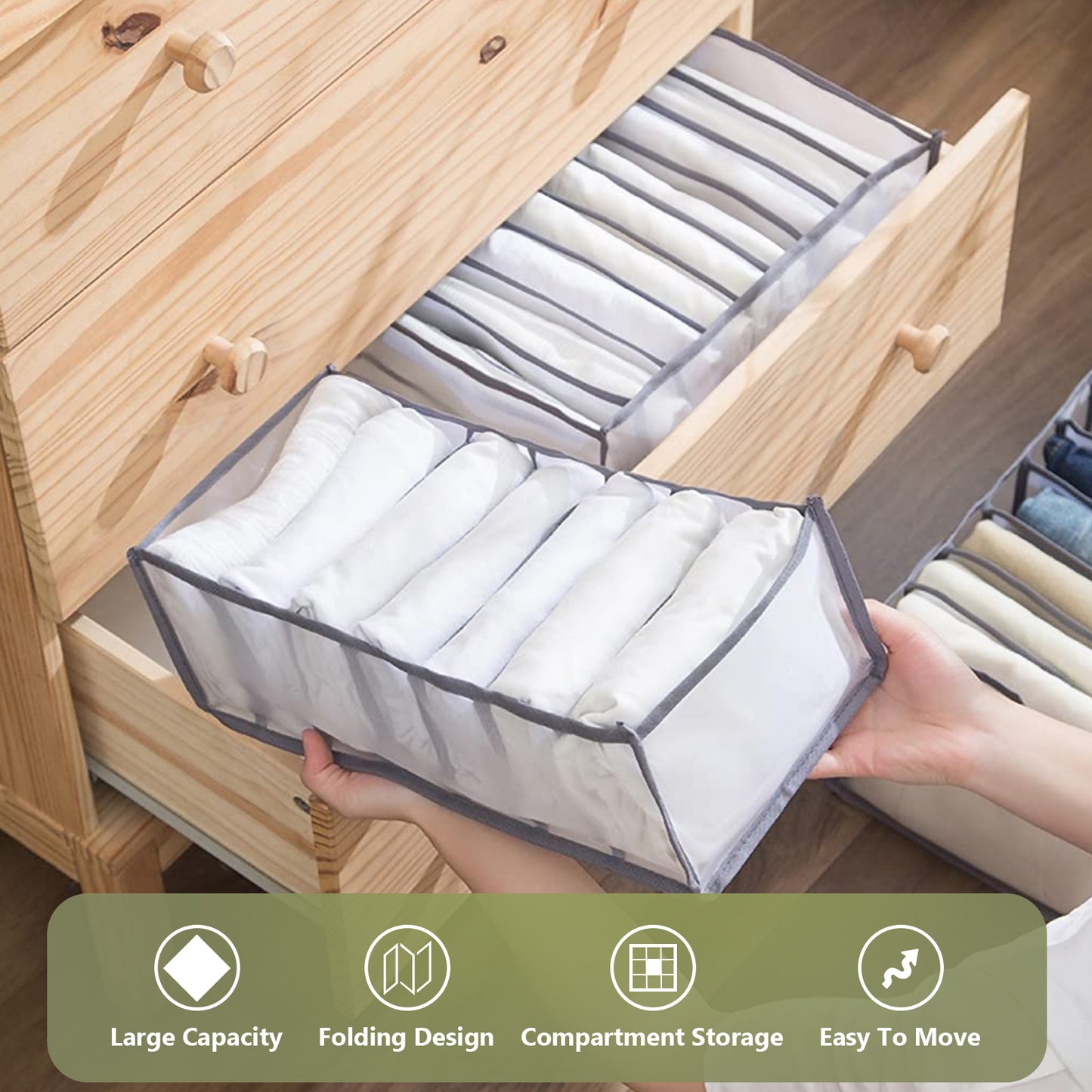 TOOVREN Wardrobe Clothes Organizer 7 Grids, Drawer Organizers for Clothing, Foldable Closet Organizers and Storage Basket, Clothing Organizer,Clothes Compartment Storage Box for Bedroom Dorm Room 4PCS