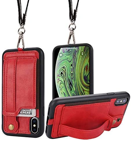 TOOVREN iPhone X Case Wallet, iPhone Xs/10 Lanyard Neck Strap Protective Case Cover with Card Holder Adjustable Detachable Kickstand PU Leather iPhone Lanyard for Anti-Theft