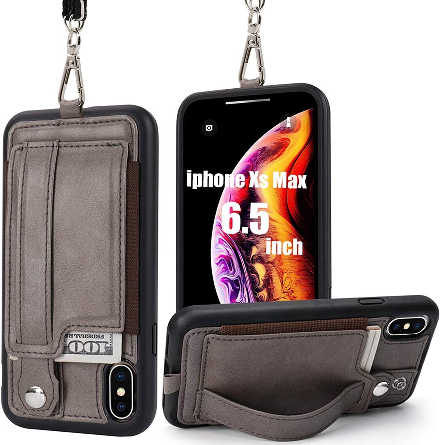 TOOVREN iPhone X Case Wallet, iPhone Xs/10 Lanyard Neck Strap Protective Case Cover with Card Holder Adjustable Detachable Kickstand PU Leather iPhone Lanyard for Anti-Theft